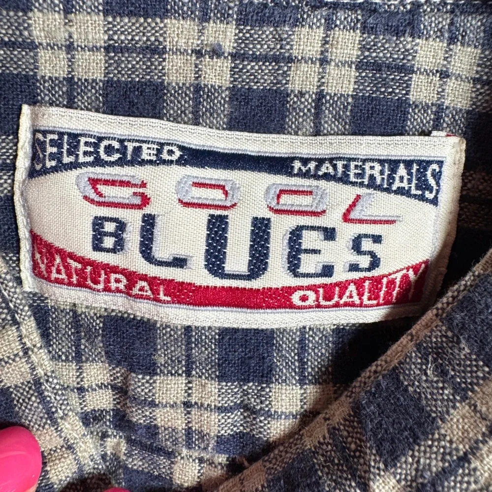 Vintage Cool Blues Mens Size Large Gingham Plaid‎ Shirt Linen Blend Casual Top